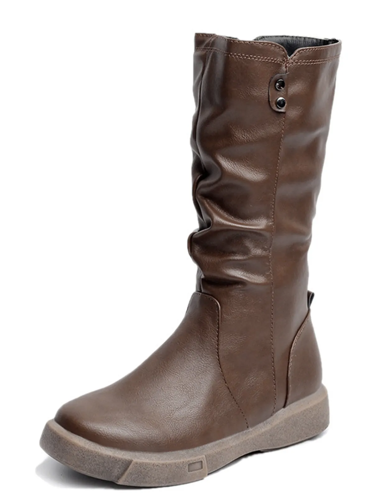 New Retro Stage Leather Stacked Pleated Flat Boots Brown