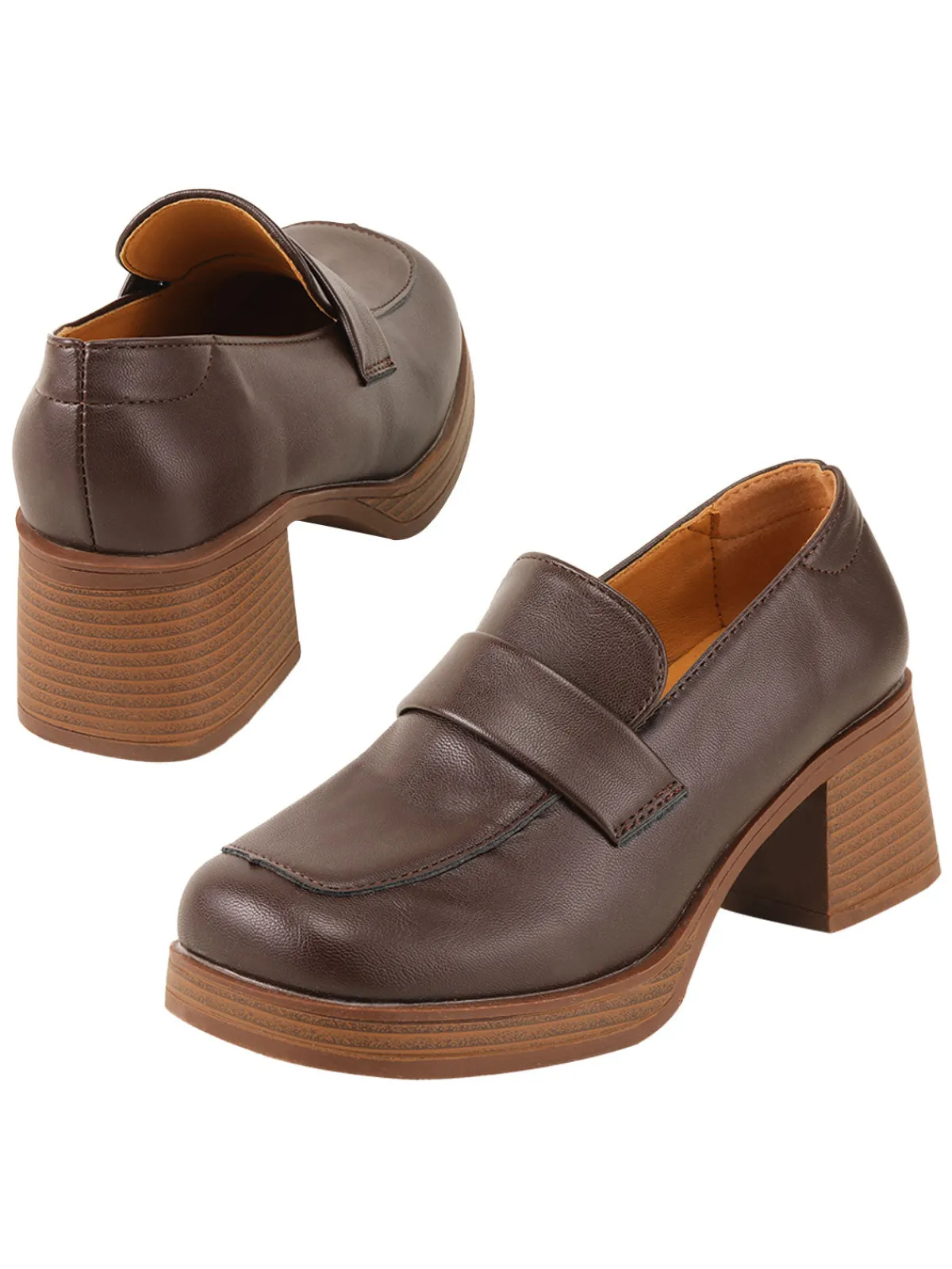 Online Retro Stage Retro Square Toe Chunky Heels Brown