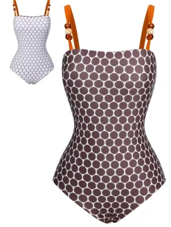 Sale Retro Stage 1930s Beads Straps Polka Dots Reversible Swimsuit Brown