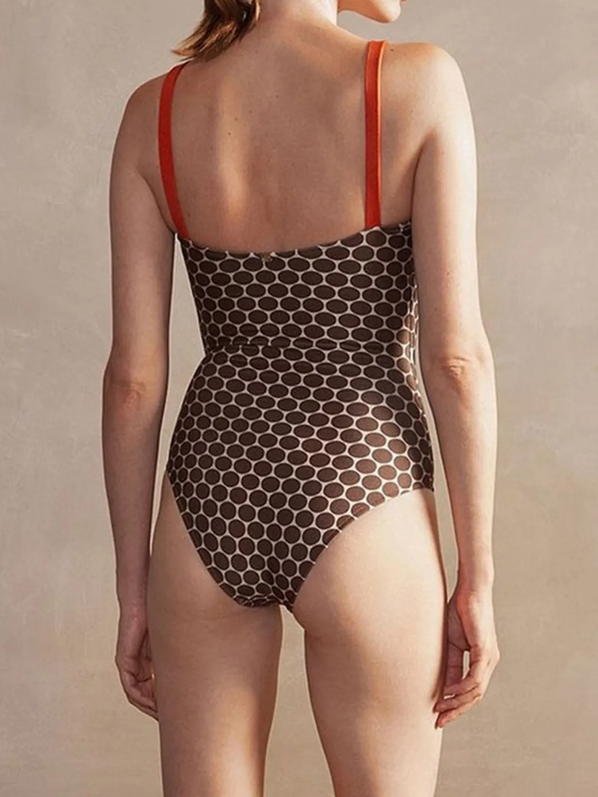 Sale Retro Stage 1930s Beads Straps Polka Dots Reversible Swimsuit Brown