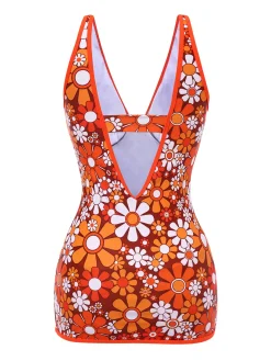 Fashion Retro Stage 1960s Bohemian Psychedelic Floral One-Piece Swimsuit Brown