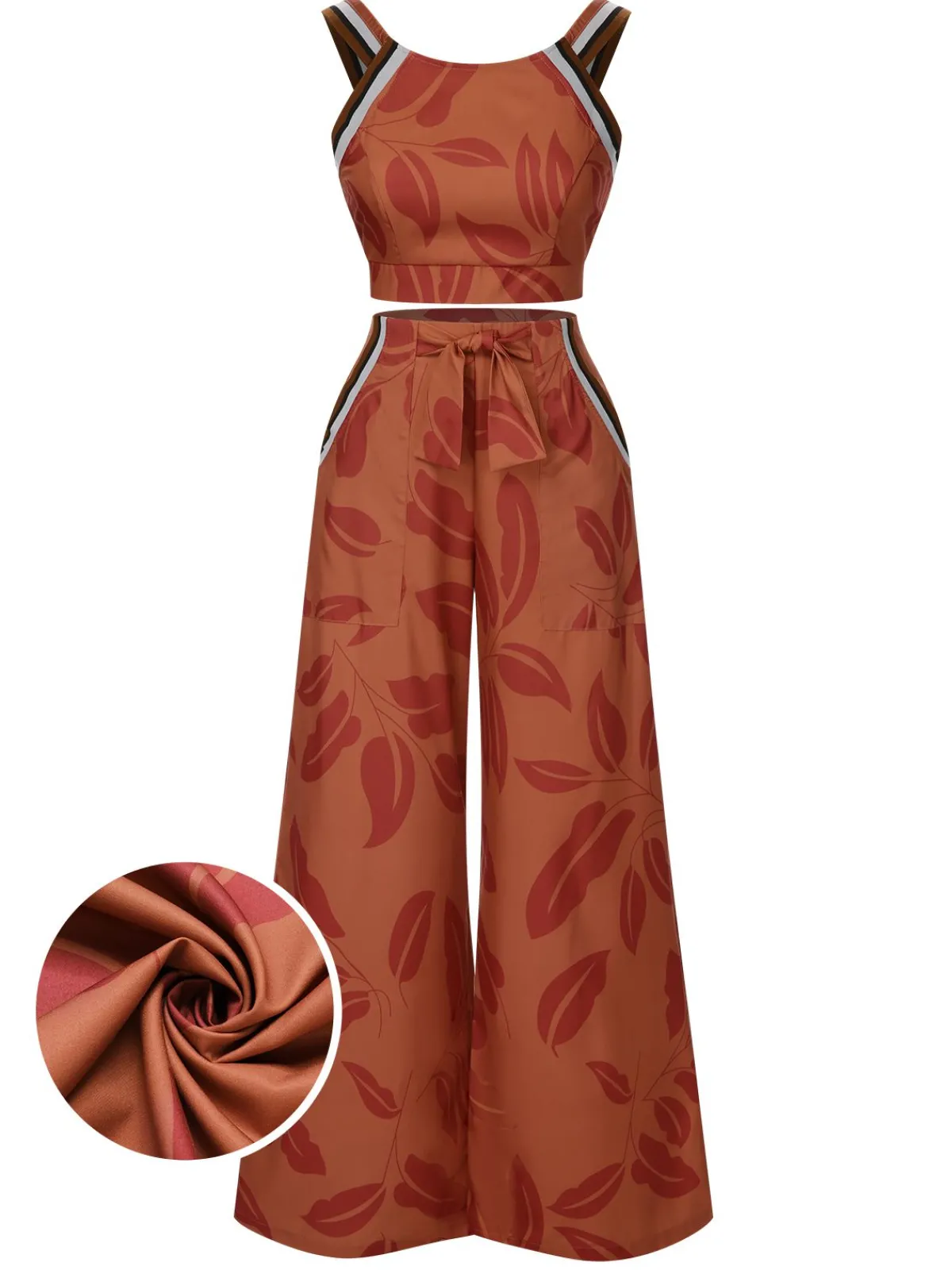 Fashion Retro Stage 1930s Botanical Sleeveless Pants Suit Brown