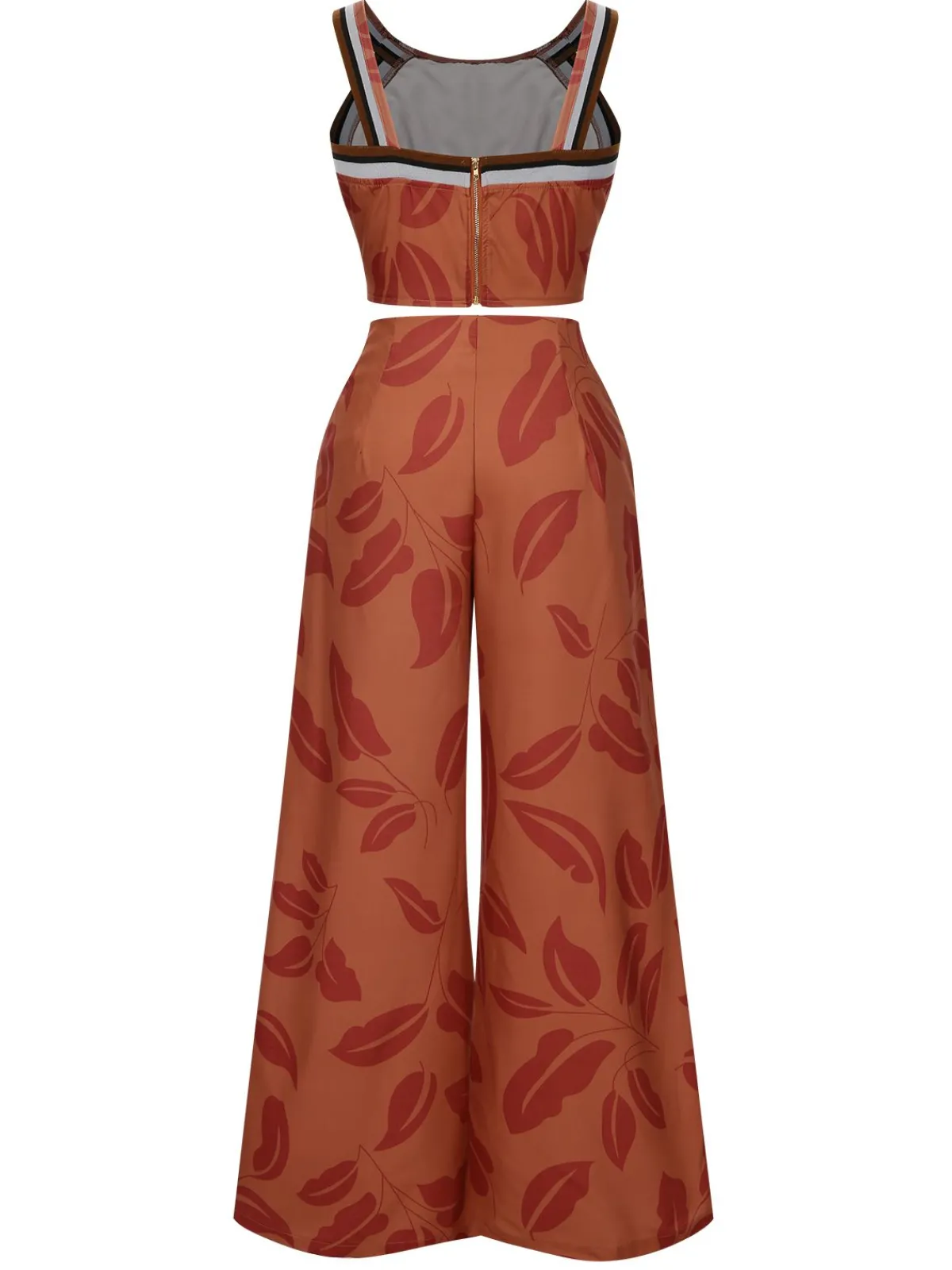 Fashion Retro Stage 1930s Botanical Sleeveless Pants Suit Brown