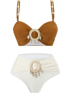 Outlet Retro Stage Brown 1940s Colorblock Boho Seashell Bikini Set Light Brown