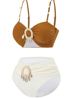 Outlet Retro Stage Brown 1940s Colorblock Boho Seashell Bikini Set Light Brown