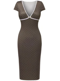 Fashion Retro Stage 1960s Deep V-Neck Polka Dots Dress Brown