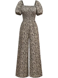 Clearance Retro Stage Brown 1930s Ditsy Floral Puff Sleeve Jumpsuit Light Brown