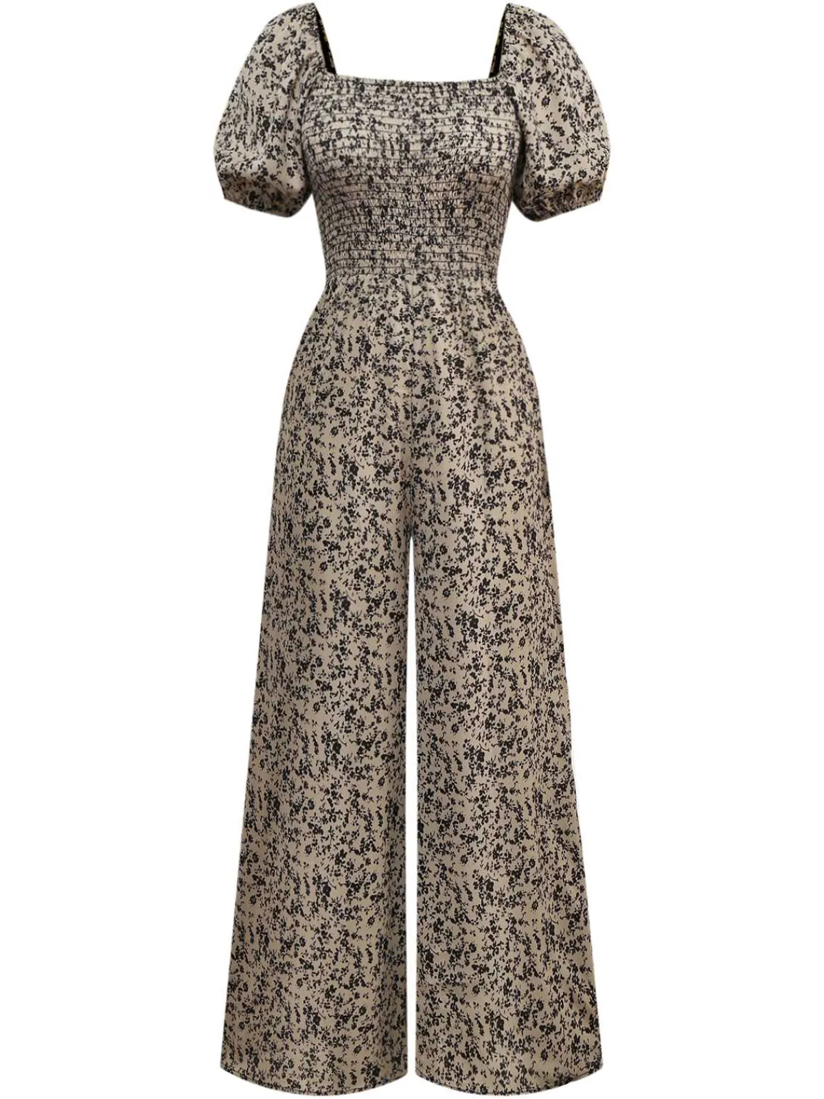 Clearance Retro Stage Brown 1930s Ditsy Floral Puff Sleeve Jumpsuit Light Brown