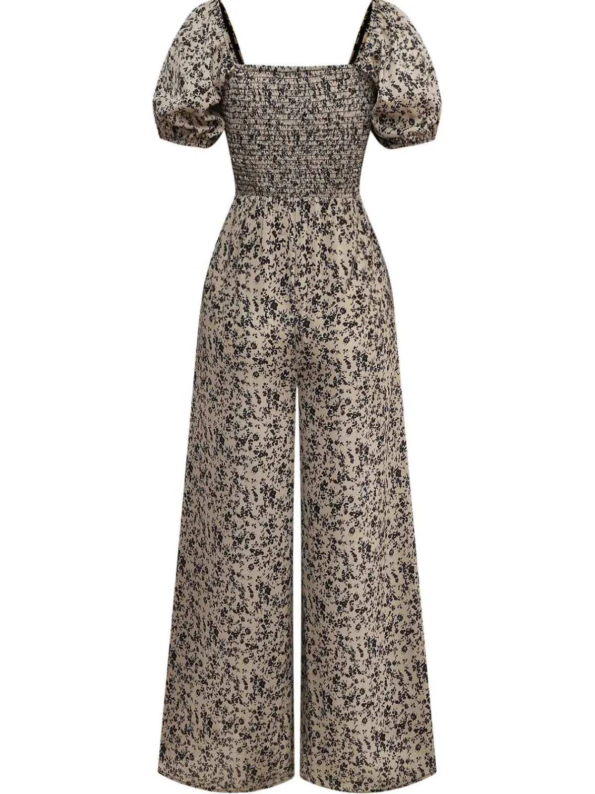 Clearance Retro Stage Brown 1930s Ditsy Floral Puff Sleeve Jumpsuit Light Brown
