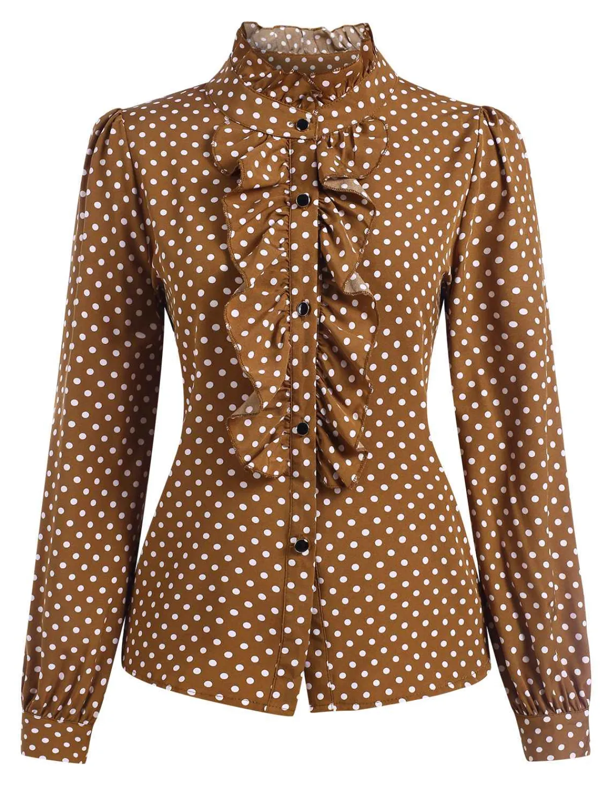 Best Retro Stage 1950s Dots Ruffle Stand Collar Blouse Brown