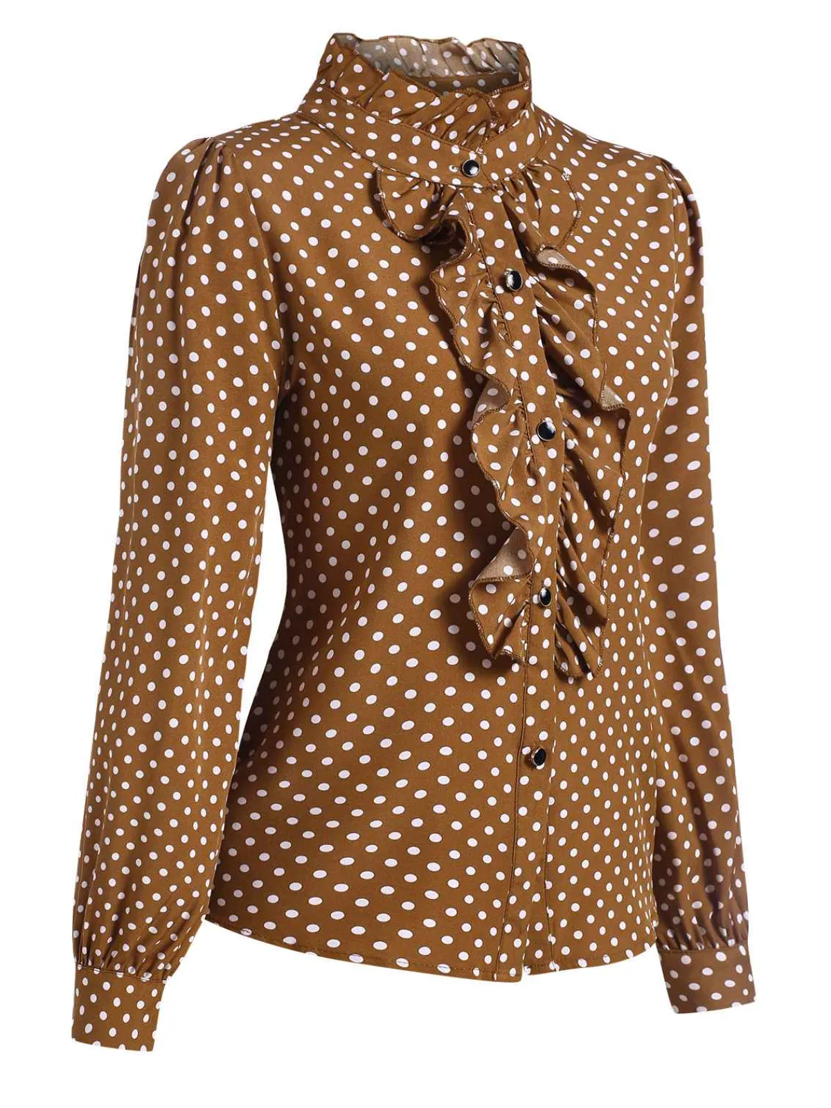 Best Retro Stage 1950s Dots Ruffle Stand Collar Blouse Brown