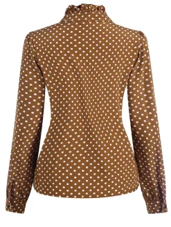Best Retro Stage 1950s Dots Ruffle Stand Collar Blouse Brown