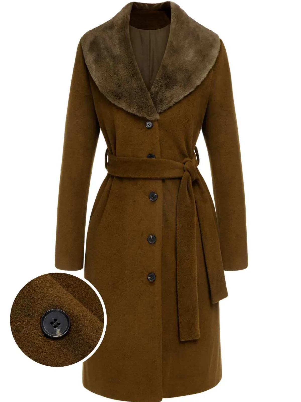 Outlet Retro Stage 1940s Fur Collar Belted Coat Brown