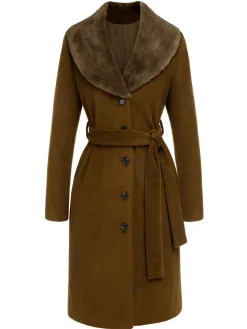 Outlet Retro Stage 1940s Fur Collar Belted Coat Brown