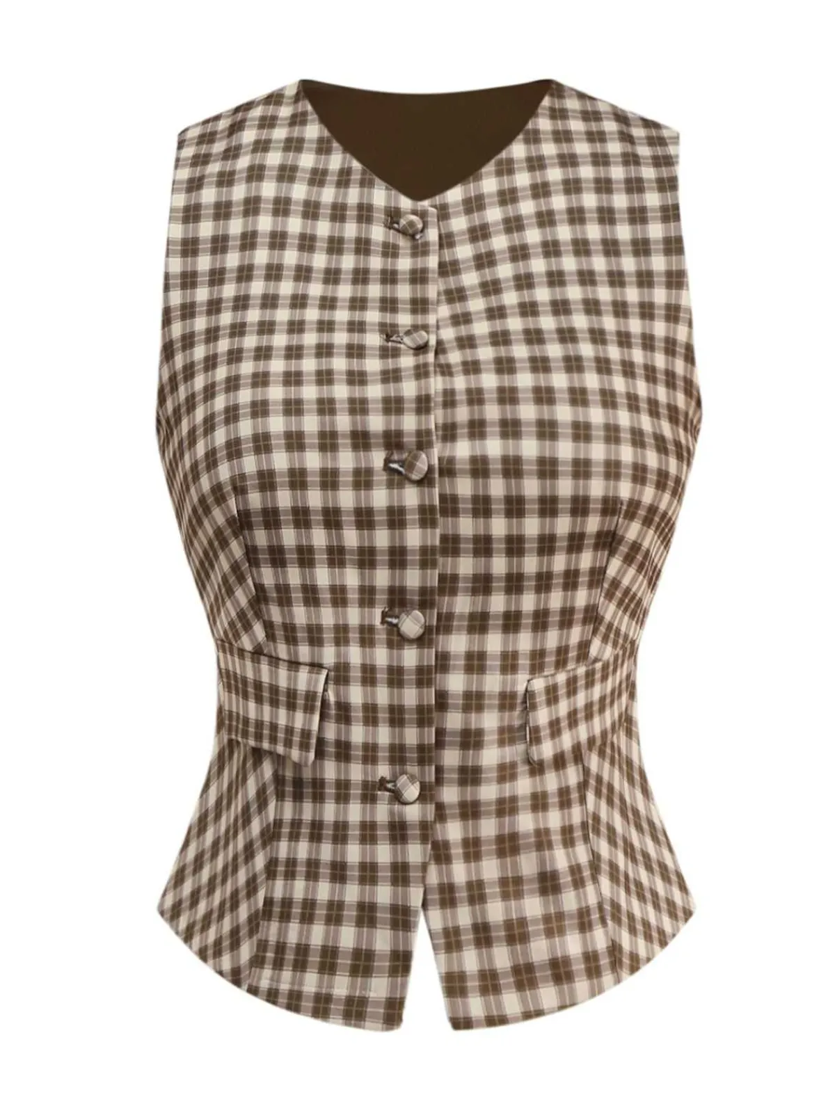 New Retro Stage 1930s Gingham Plaids Vest Brown