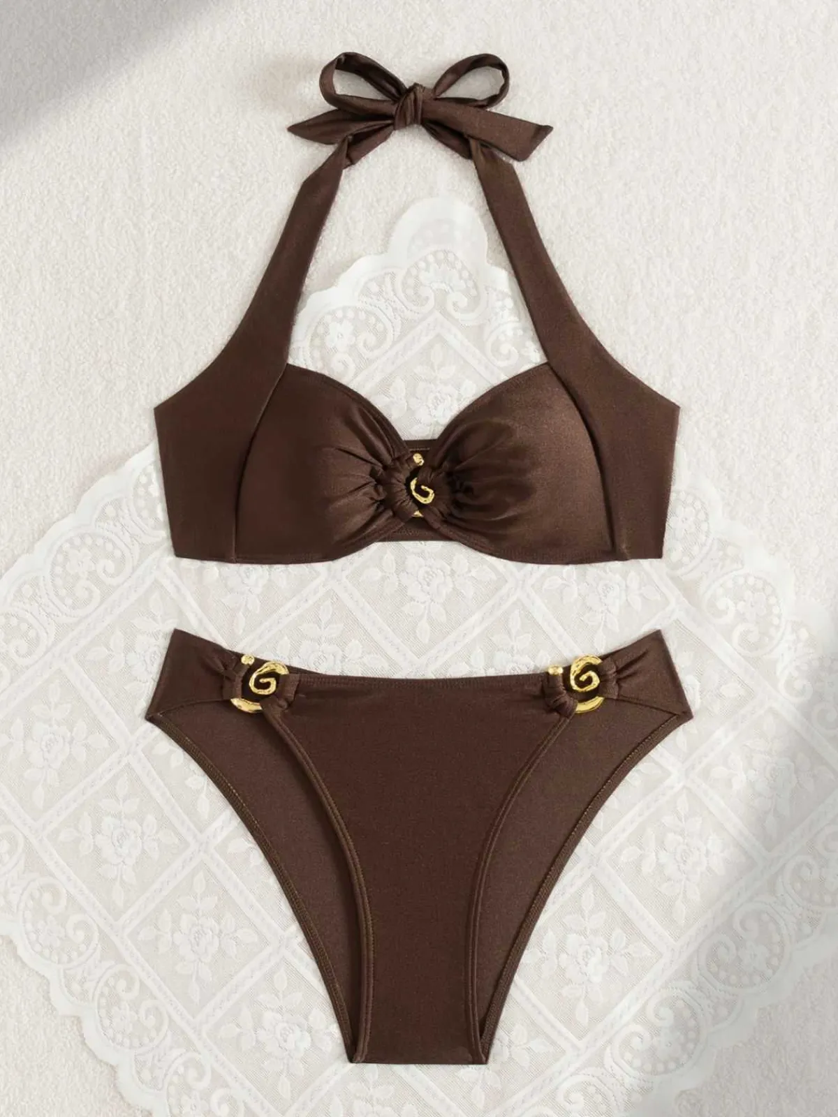 Discount Retro Stage 1950s Golden Ring Halter Bikini Set Brown