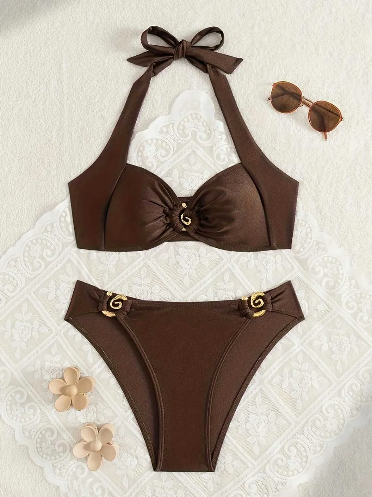 Discount Retro Stage 1950s Golden Ring Halter Bikini Set Brown