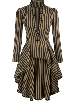 Hot Retro Stage 1940s Gothic Stripes High-Low Hem Coat Brown