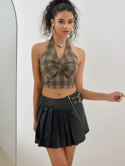 Online Retro Stage 1930s Halter Gingham Plaid Smocked Crop Top Brown
