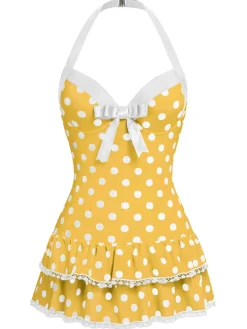 Sale Retro Stage Brown 1940s Halter Polka Dots Bow Swimsuit