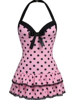 Sale Retro Stage Brown 1940s Halter Polka Dots Bow Swimsuit
