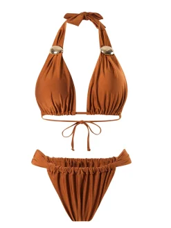 Hot Retro Stage 1970s Halter Ruched Solid Bikini Brown