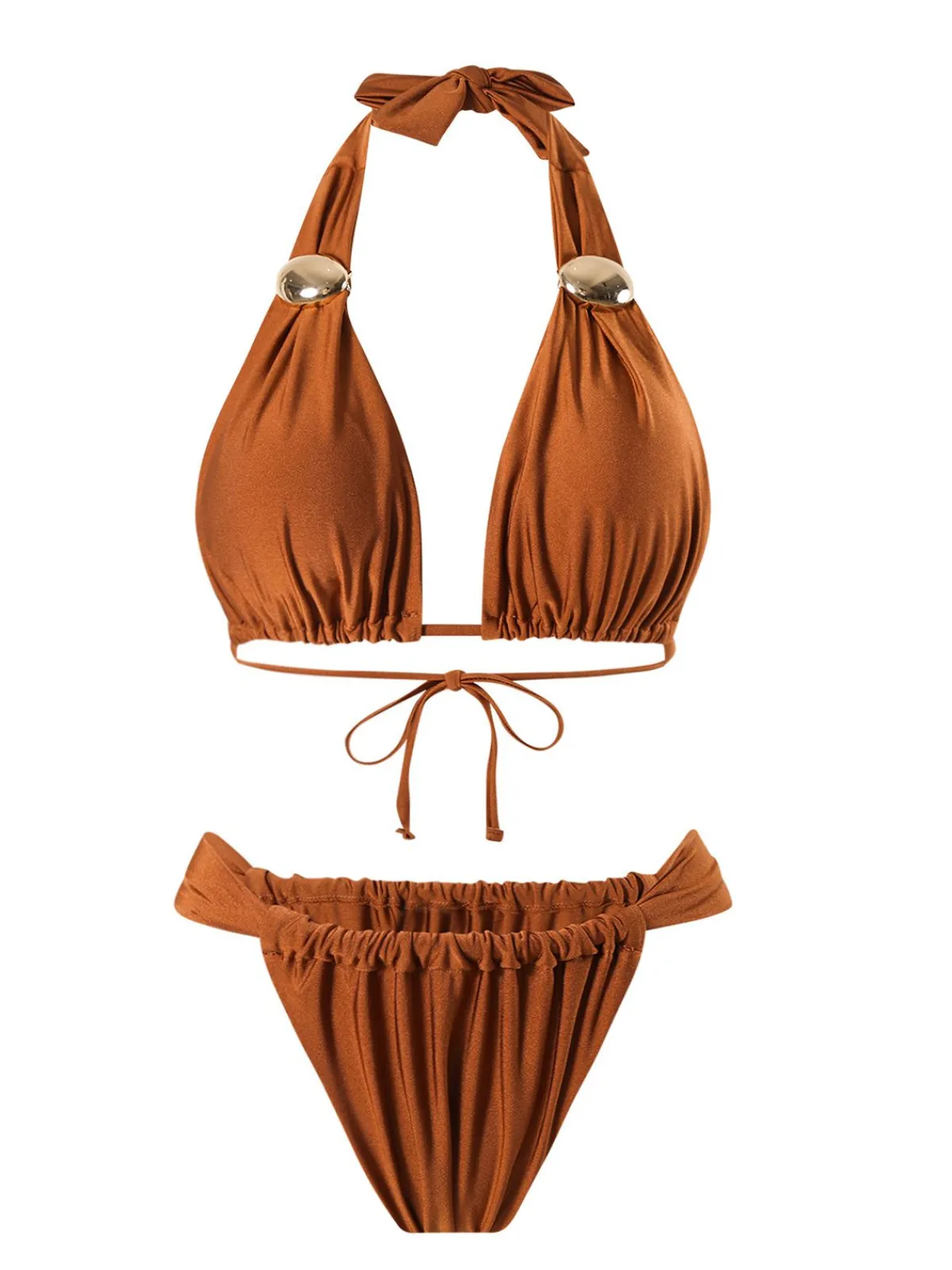 Hot Retro Stage 1970s Halter Ruched Solid Bikini Brown