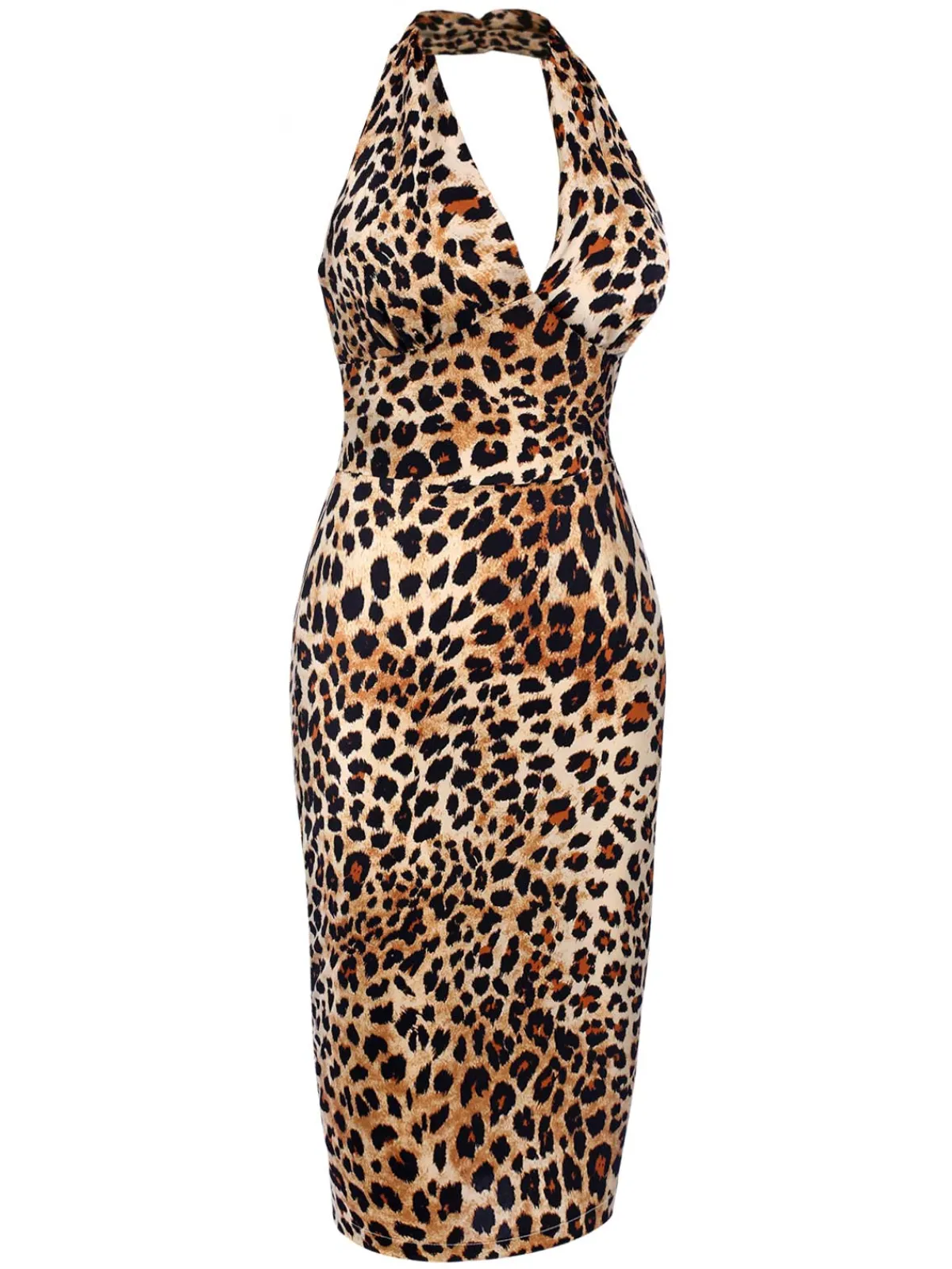 New Retro Stage 1960s Halter V-Neck Leopard Dress Brown