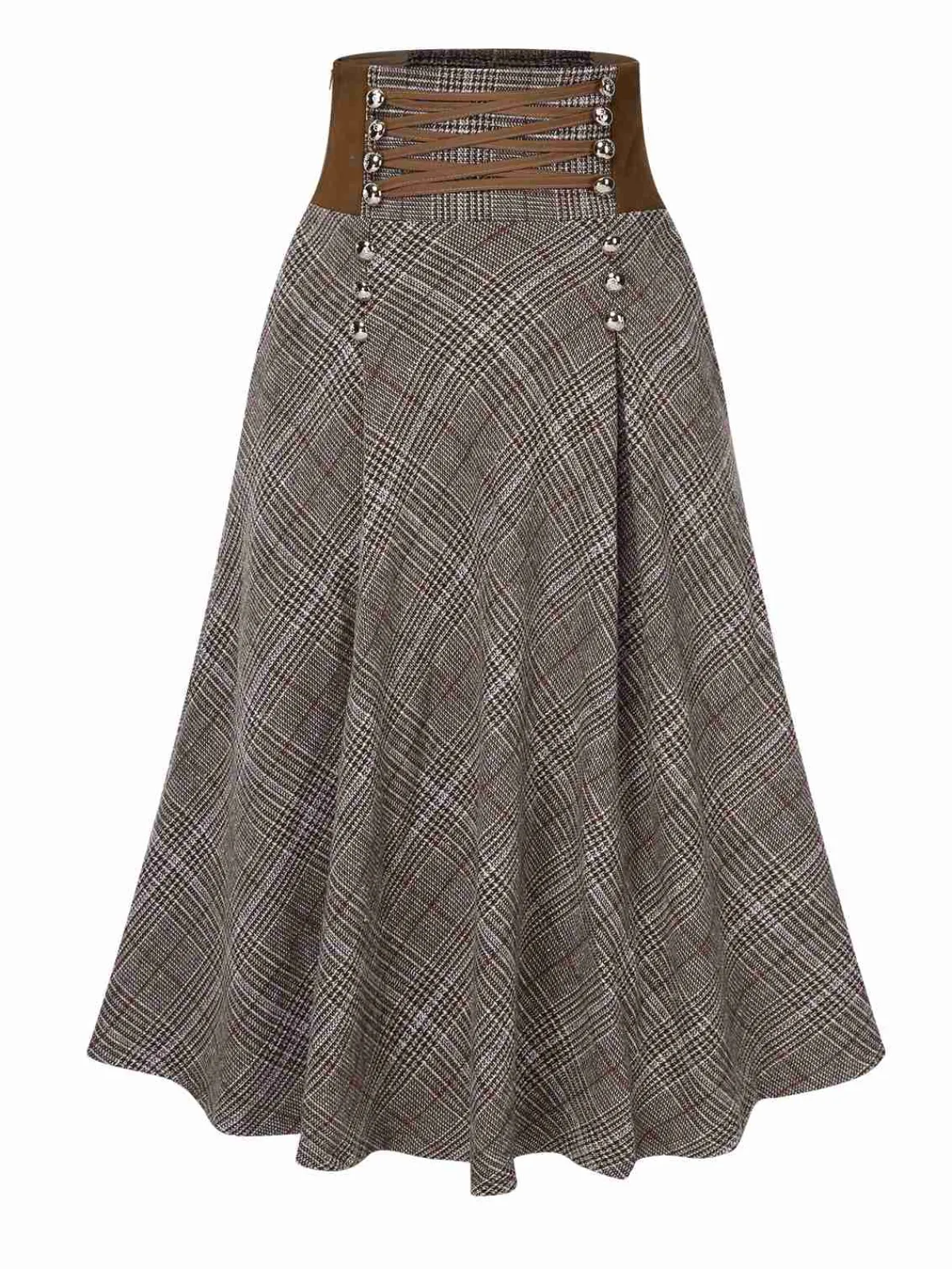 Best Retro Stage 1940s Lace-Up Glen Plaid Skirt Brown