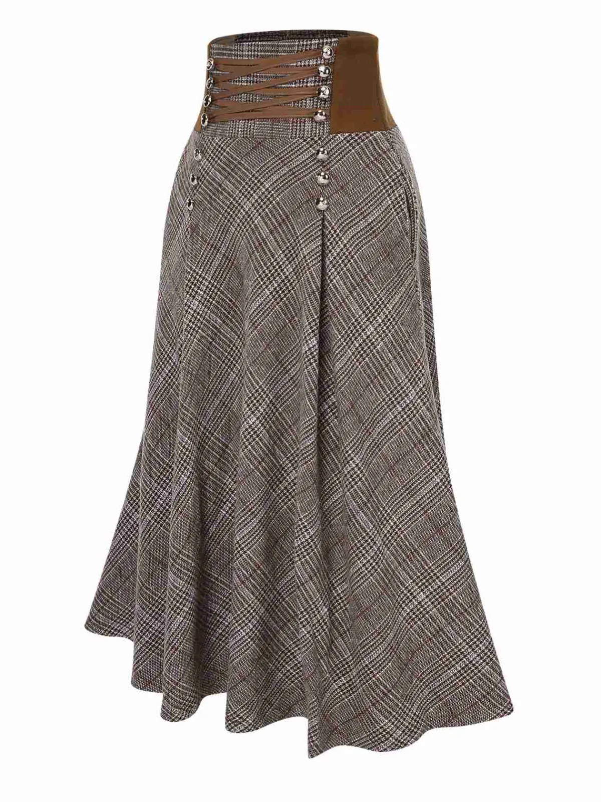 Best Retro Stage 1940s Lace-Up Glen Plaid Skirt Brown
