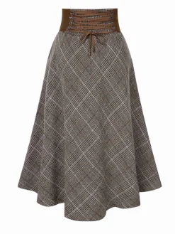 Best Retro Stage 1940s Lace-Up Glen Plaid Skirt Brown