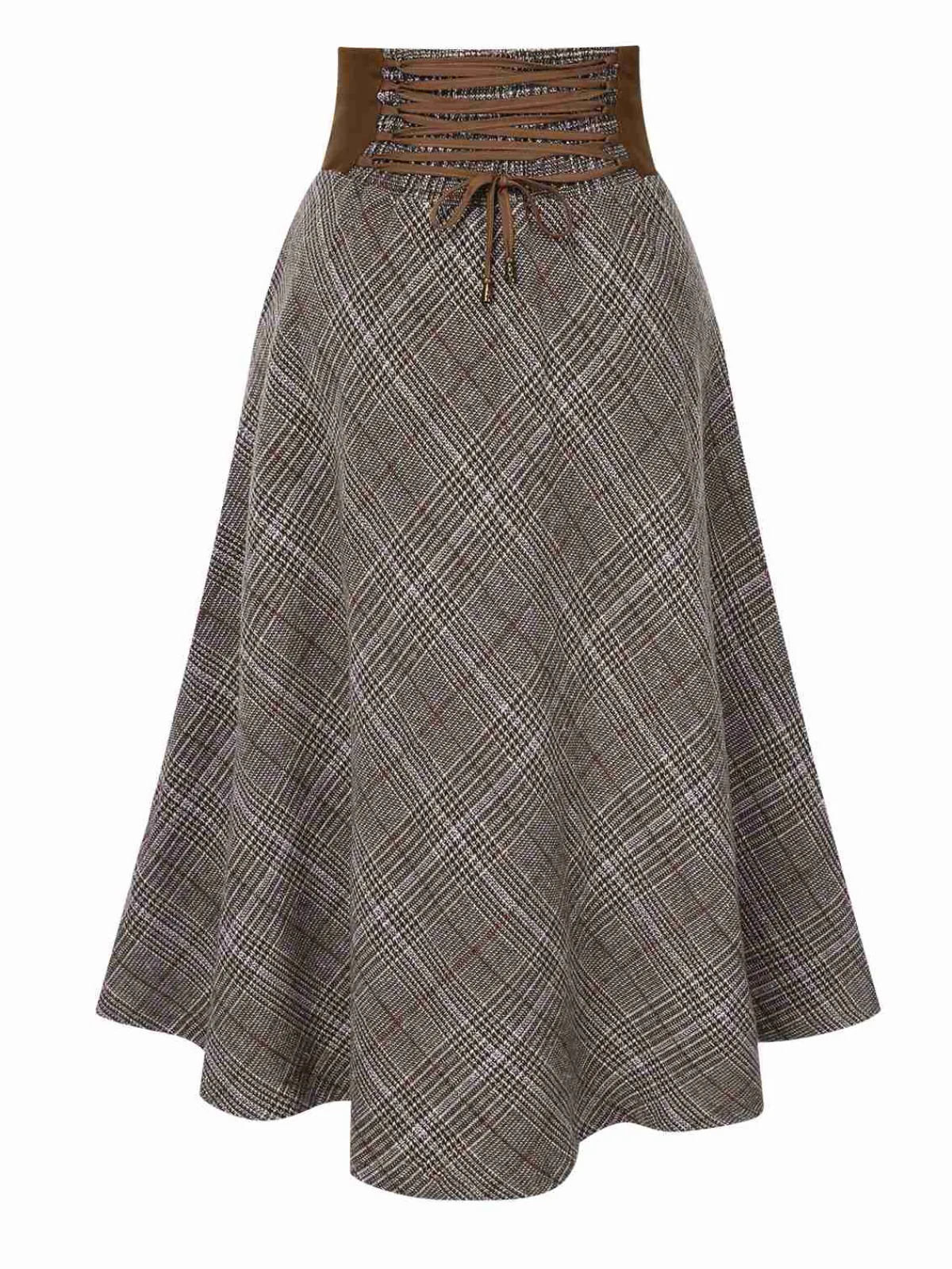 Best Retro Stage 1940s Lace-Up Glen Plaid Skirt Brown