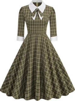 Best Retro Stage 1950s Lapel Bow Decor Plaids Dress Brown