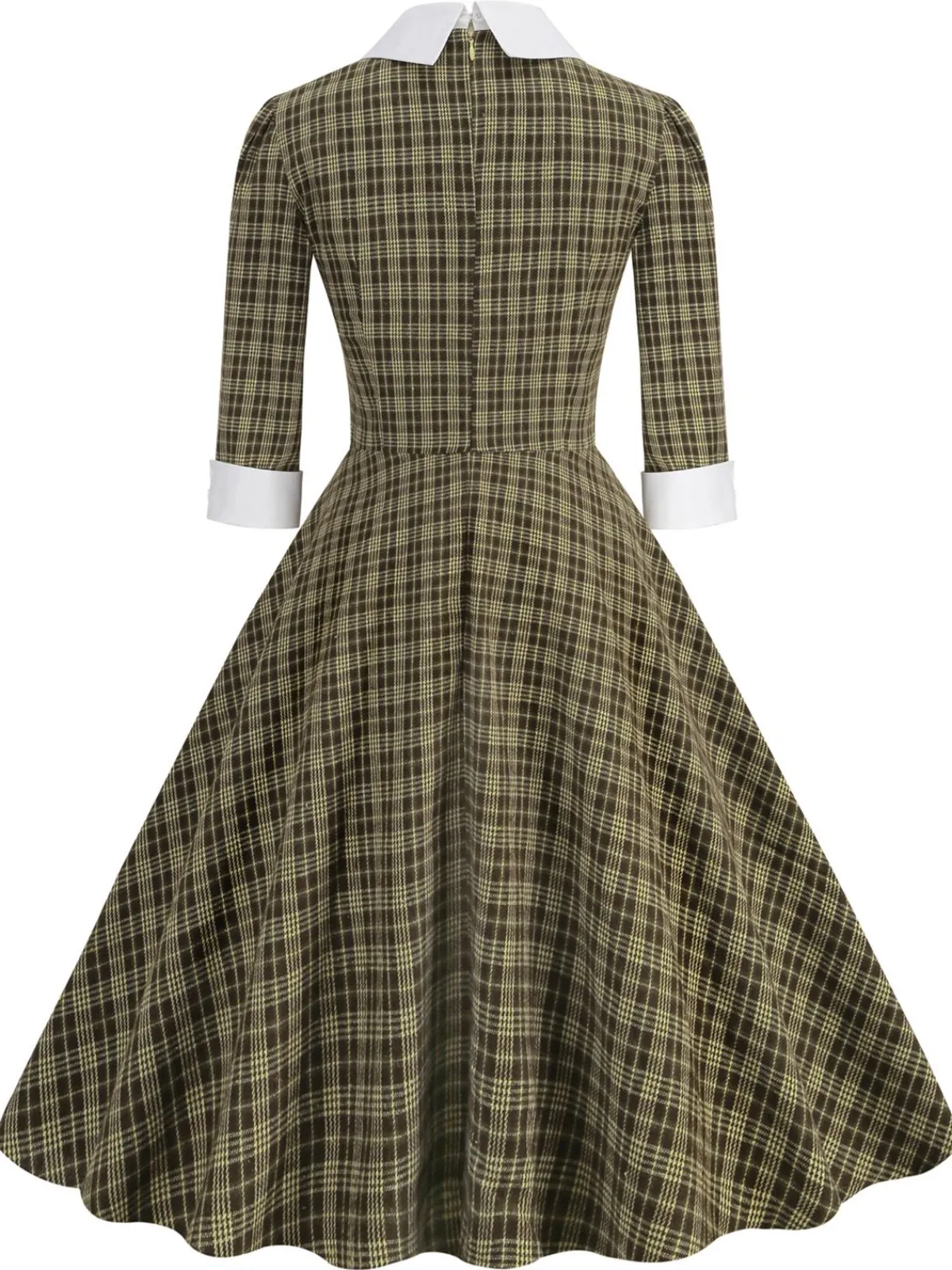 Best Retro Stage 1950s Lapel Bow Decor Plaids Dress Brown