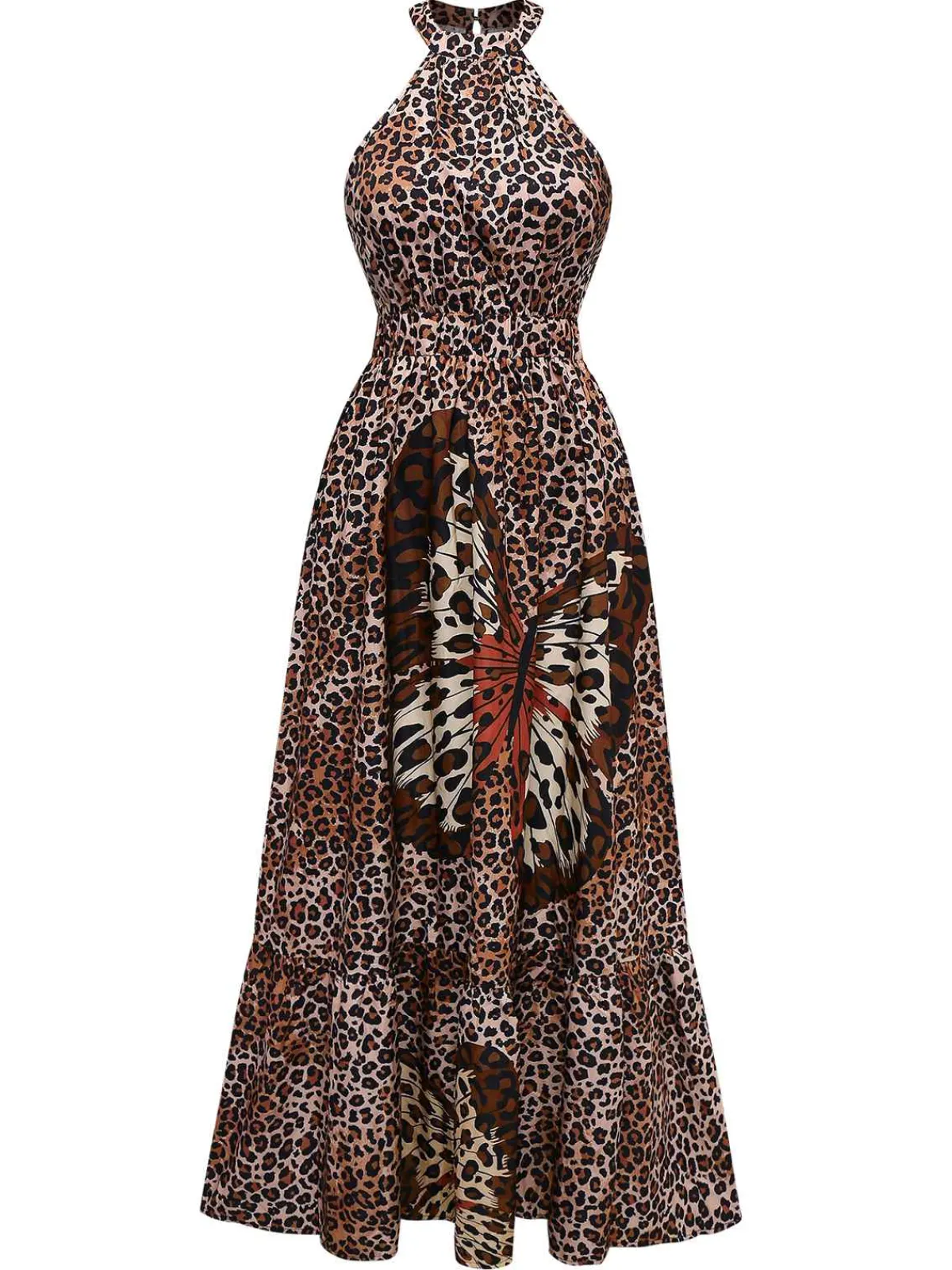 Outlet Retro Stage Brown 1930s Butterfly Round Halter Dress Leopard