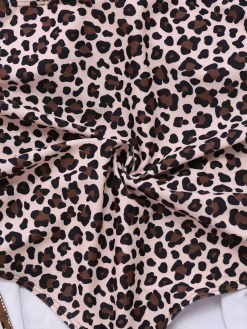 Hot Retro Stage 1940s Leopard Hollow Drawstring Swimsuit Brown