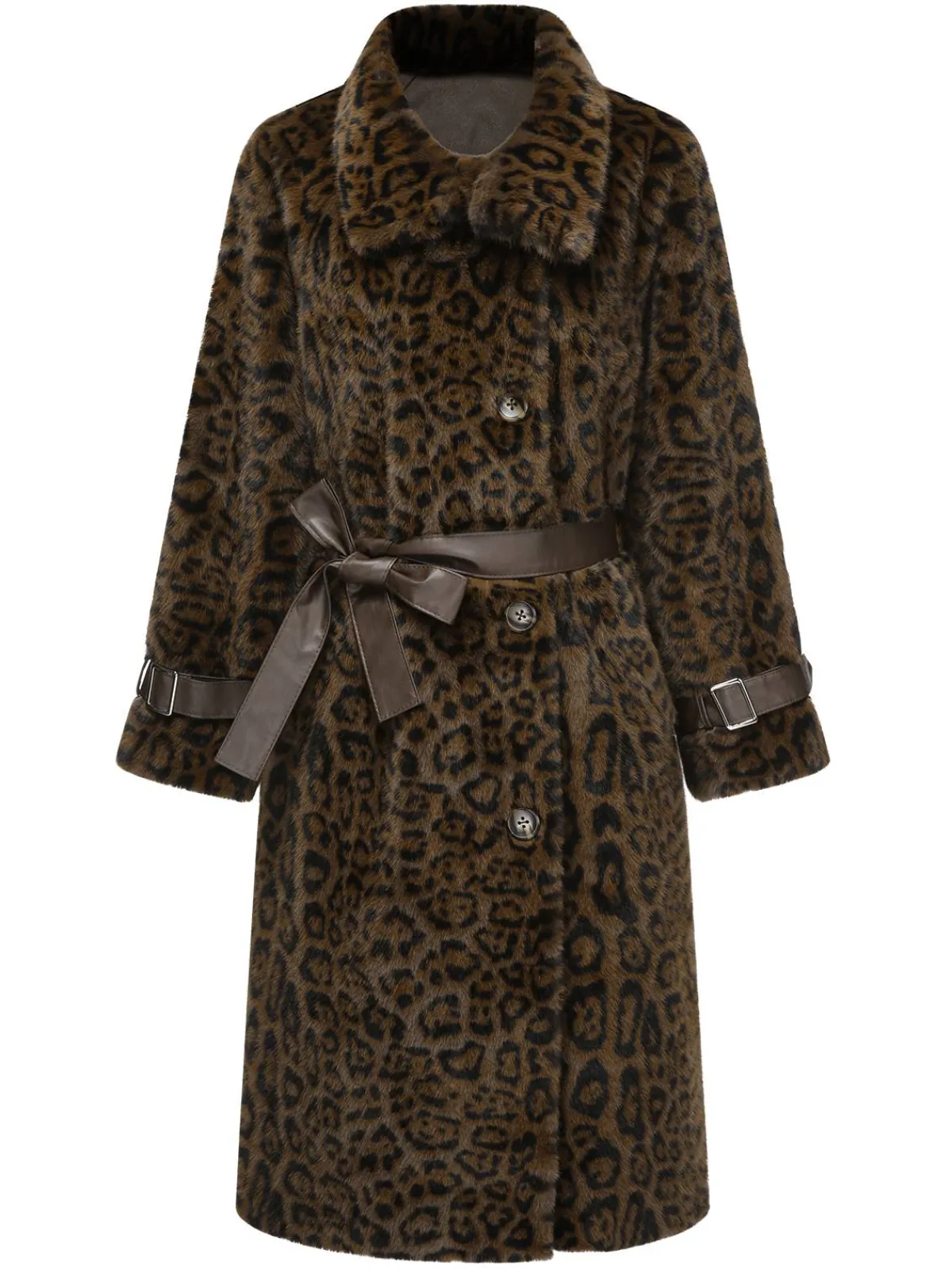 Best Retro Stage Brown 1950s Leopard Lapel Faux Fur Coat