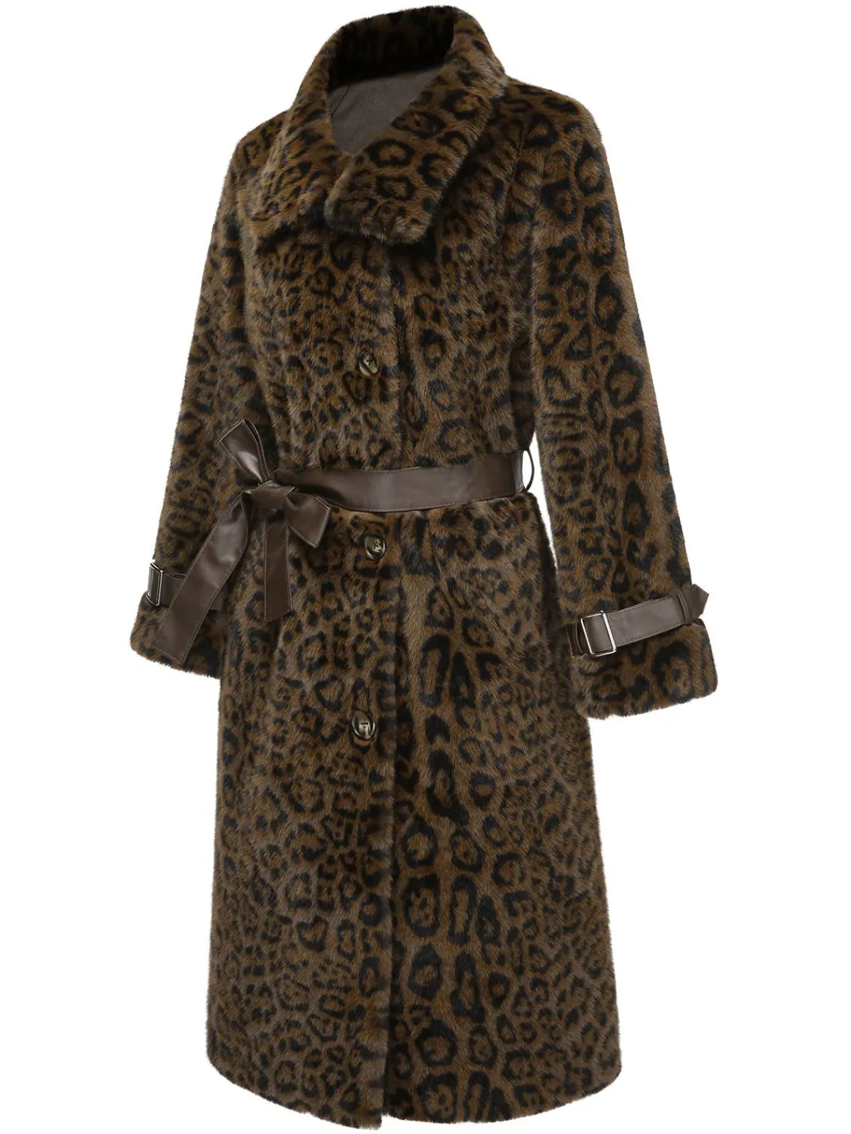 Best Retro Stage Brown 1950s Leopard Lapel Faux Fur Coat