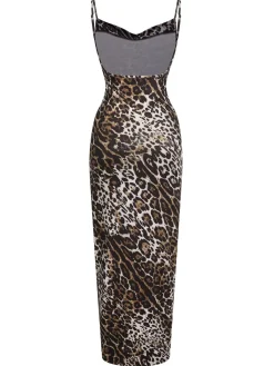 New Retro Stage 1960s Leopard Spaghetti Straps Backless Dress Brown
