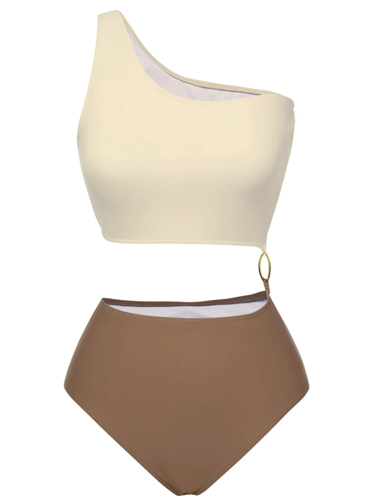 Discount Retro Stage 1930s Metal Button One-Shoulder Swimsuit Brown