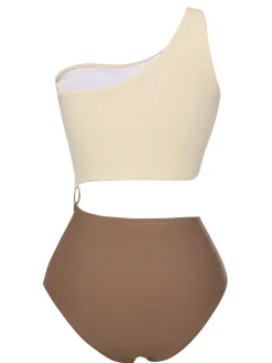 Discount Retro Stage 1930s Metal Button One-Shoulder Swimsuit Brown