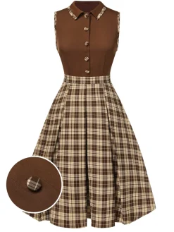 New Retro Stage 1950s Plaids Lapel Patchwork Dress Brown