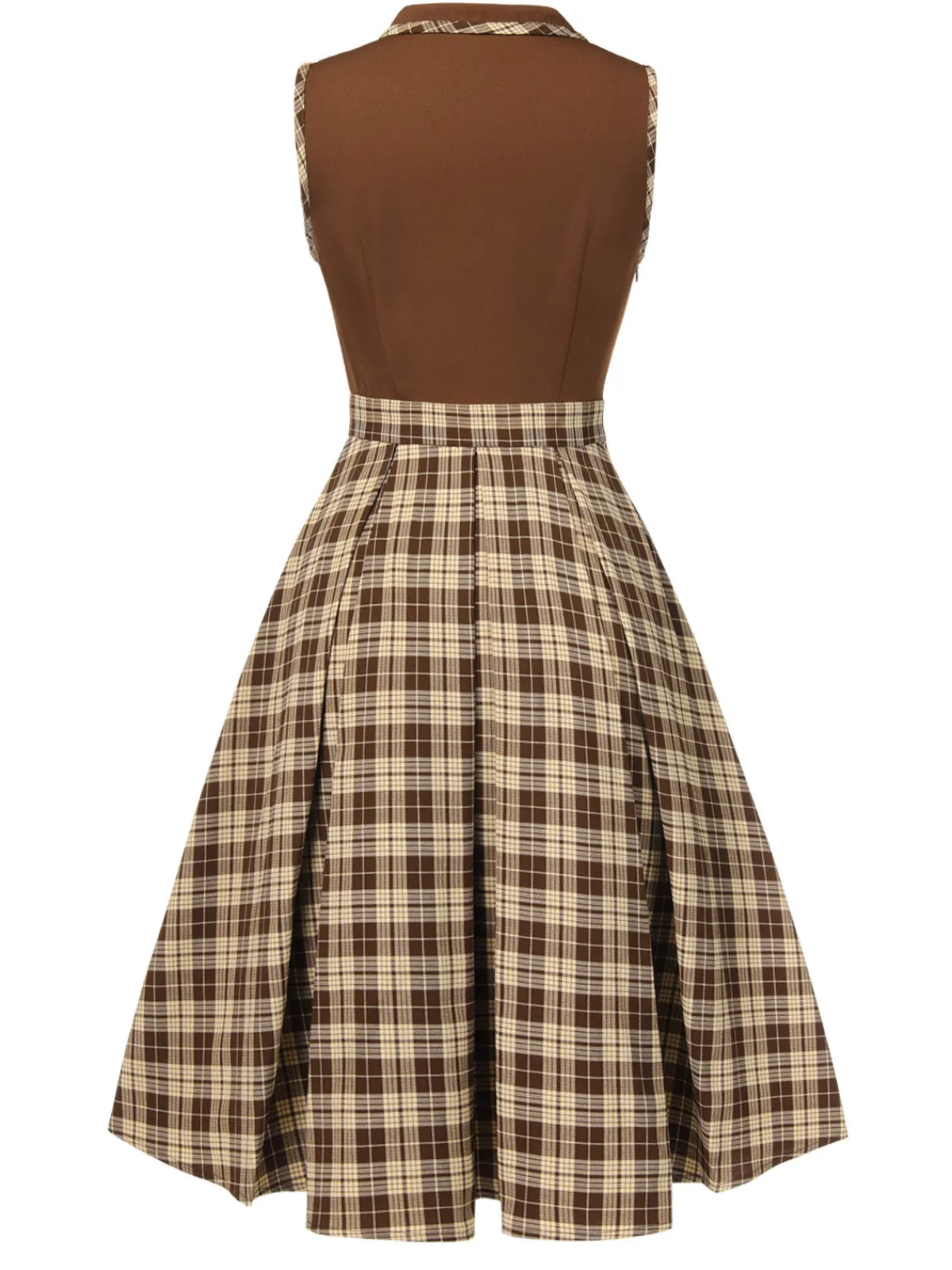 New Retro Stage 1950s Plaids Lapel Patchwork Dress Brown