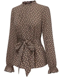 Hot Retro Stage 1950s Ruffles Tie Waist Blouse Brown