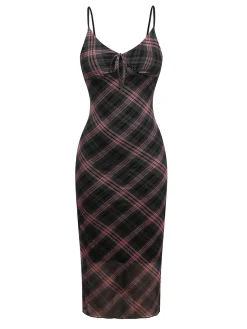Clearance Retro Stage 1930s Scottish Plaid Suspender V-Neck Maxi Dress Brown