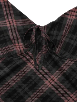 Clearance Retro Stage 1930s Scottish Plaid Suspender V-Neck Maxi Dress Brown