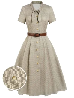 Sale Retro Stage Brown 1940s Small Windowpane Plaid Dress