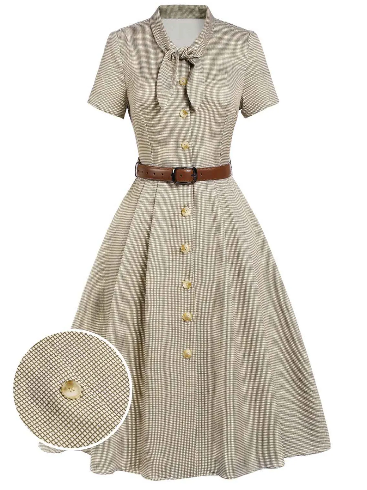 Sale Retro Stage Brown 1940s Small Windowpane Plaid Dress