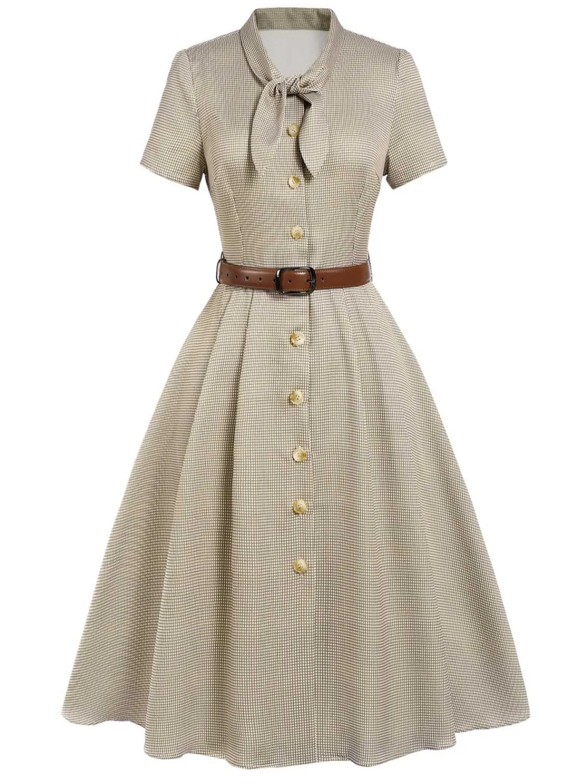 Sale Retro Stage Brown 1940s Small Windowpane Plaid Dress
