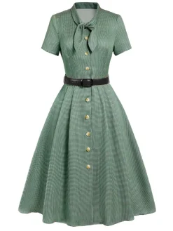 Sale Retro Stage Brown 1940s Small Windowpane Plaid Dress